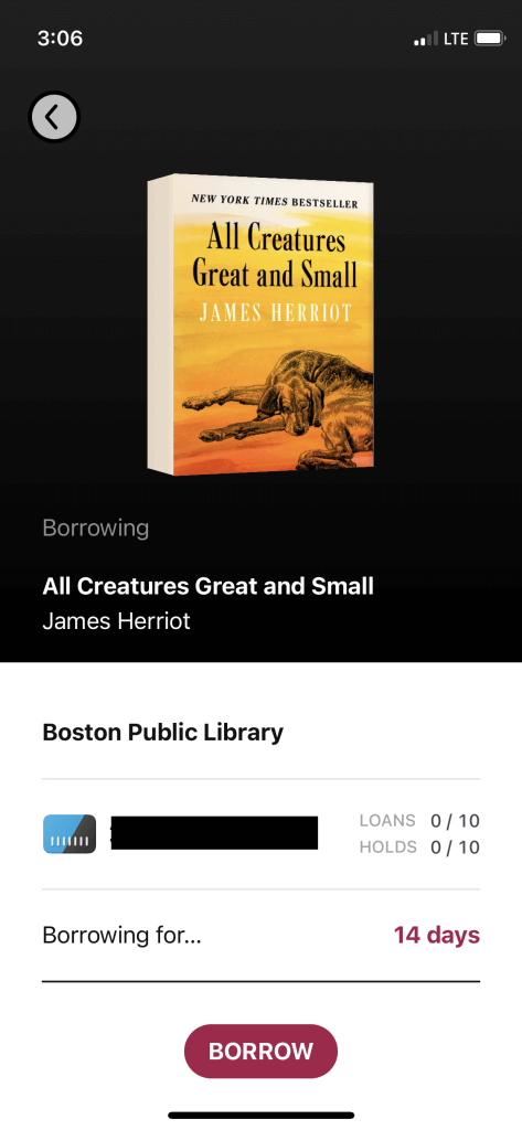 Screenshot from Libby app, borrowing an eBook of "All Creatures Great and Small" by James Herriot from the Boston Public Library for 14 days